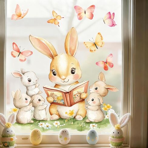 Large Easter Window Clings, 3 Sheets Static Cute Easter Egg Bunny Windows Clings for Glass Window Decor, Double-Sided Decorations with Flowers Butterflies for Home Office Party Supplies in Saudi Arabia