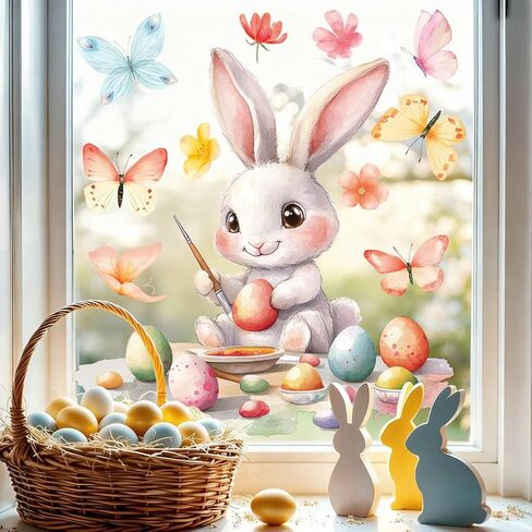 Large Easter Window Clings, 3 Sheets Static Cute Easter Egg Bunny Windows Clings for Glass Window Decor, Double-Sided Decorations with Flowers Butterflies for Home Office Party Supplies in Saudi Arabia