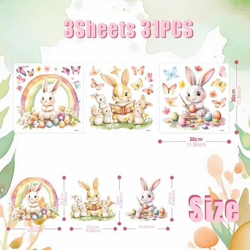 Large Easter Window Clings, 3 Sheets Static Cute Easter Egg Bunny Windows Clings for Glass Window Decor, Double-Sided Decorations with Flowers Butterflies for Home Office Party Supplies in Saudi Arabia
