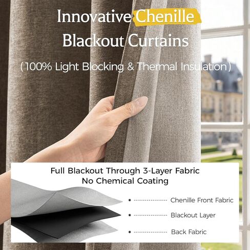 100% Blackout Curtains for Bedroom, Luxury Chenille Thermal Insulated Drapes for Living Room, Energy Saving Room Darkening 84 Inch Long Curtains, Grommet Top, 2 Panels, 52" W x 84" L, Brown in Saudi Arabia