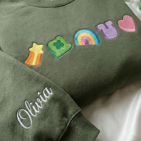 Embroidered Lucky Symbols Sweatshirt Women Personalized Name Sleeve Detail St Patricks Day Clover Rainbow Pullover Beige Crewneck Magical Marshmallow Theme Custom Long Sleeve Top in Saudi Arabia