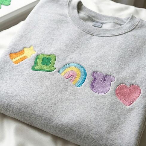 Embroidered Lucky Symbols Sweatshirt Women Personalized Name Sleeve Detail St Patricks Day Clover Rainbow Pullover Beige Crewneck Magical Marshmallow Theme Custom Long Sleeve Top in Saudi Arabia