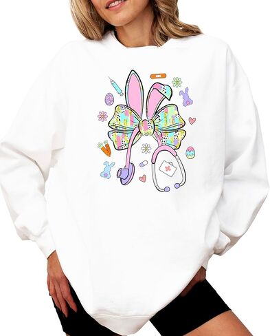 Olive Loves Apple Easter Nurse Sweatshirt for Women - Cute Bunny Bow Stethoscope Graphic Tee in Saudi Arabia
