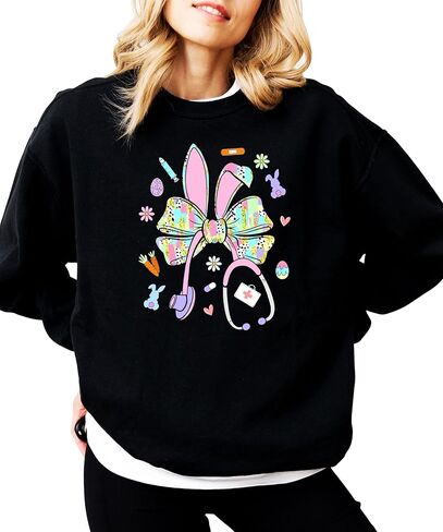 Olive Loves Apple Easter Nurse Sweatshirt for Women - Cute Bunny Bow Stethoscope Graphic Tee in Saudi Arabia