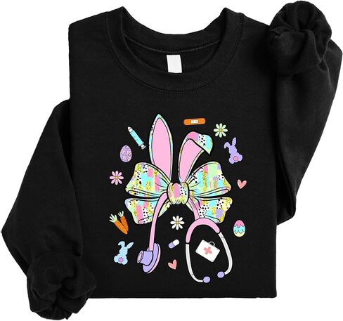 Olive Loves Apple Easter Nurse Sweatshirt for Women - Cute Bunny Bow Stethoscope Graphic Tee in Saudi Arabia