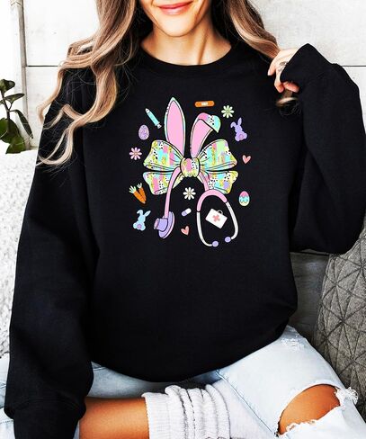 Olive Loves Apple Easter Nurse Sweatshirt for Women - Cute Bunny Bow Stethoscope Graphic Tee in Saudi Arabia