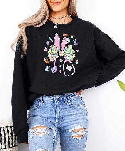 Olive Loves Apple Easter Nurse Sweatshirt for Women - Cute Bunny Bow Stethoscope Graphic Tee in Saudi Arabia