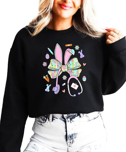 Olive Loves Apple Easter Nurse Sweatshirt for Women - Cute Bunny Bow Stethoscope Graphic Tee in Saudi Arabia