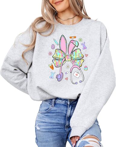 Olive Loves Apple Easter Nurse Sweatshirt for Women - Cute Bunny Bow Stethoscope Graphic Tee in Saudi Arabia