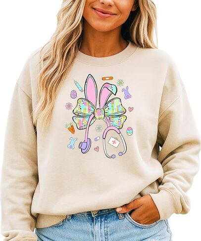 Olive Loves Apple Easter Nurse Sweatshirt for Women - Cute Bunny Bow Stethoscope Graphic Tee in Saudi Arabia