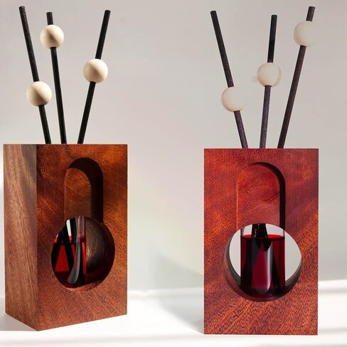 Meinvcisi 2 Empty Fragrance Wood Glass Diffuser Bottles, Refillable Diffuser Bottles with 10pcs Reeds Sticks &10 wood balls, Wood Vases Reed Diffuser Set, Vintage Embossed, 75ML, Brown. 2 Packs. in Saudi Arabia