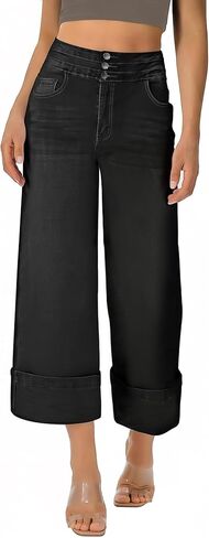 roswear Women's Capri Jeans Stretchy High Waist Wide Leg Cropped Pants with Cuffed Hem in Saudi Arabia