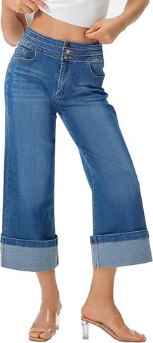 roswear Women's Capri Jeans Stretchy High Waist Wide Leg Cropped Pants with Cuffed Hem in Saudi Arabia