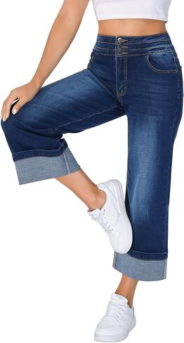 roswear Women's Capri Jeans Stretchy High Waist Wide Leg Cropped Pants with Cuffed Hem in Saudi Arabia