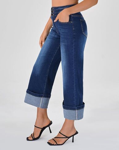 roswear Women's Capri Jeans Stretchy High Waist Wide Leg Cropped Pants with Cuffed Hem in Saudi Arabia