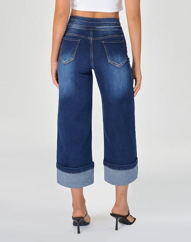 roswear Women's Capri Jeans Stretchy High Waist Wide Leg Cropped Pants with Cuffed Hem in Saudi Arabia