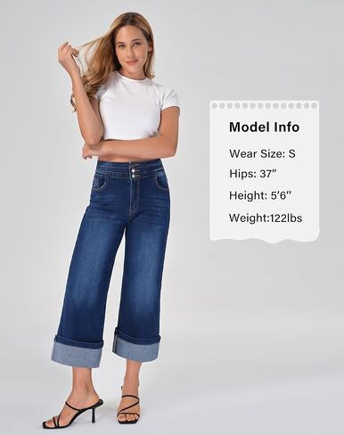 roswear Women's Capri Jeans Stretchy High Waist Wide Leg Cropped Pants with Cuffed Hem in Saudi Arabia