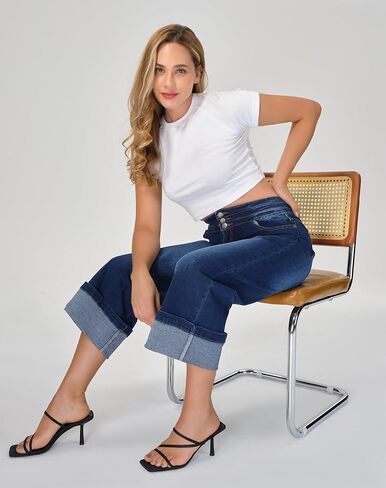 roswear Women's Capri Jeans Stretchy High Waist Wide Leg Cropped Pants with Cuffed Hem in Saudi Arabia