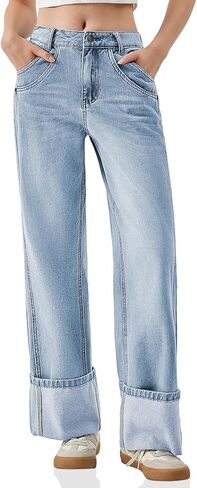 PLNOTME Womens Baggy Jeans Boyfriend Wide Leg Trendy Casual Mid Rise Cuffed Hem Denim Pants with Pockets in Saudi Arabia