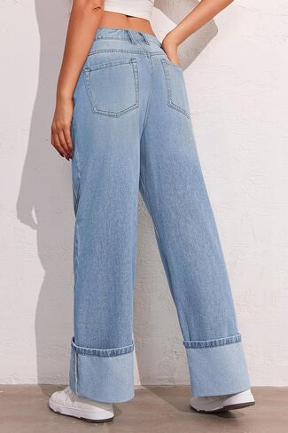 PLNOTME Womens Baggy Jeans Boyfriend Wide Leg Trendy Casual Mid Rise Cuffed Hem Denim Pants with Pockets in Saudi Arabia