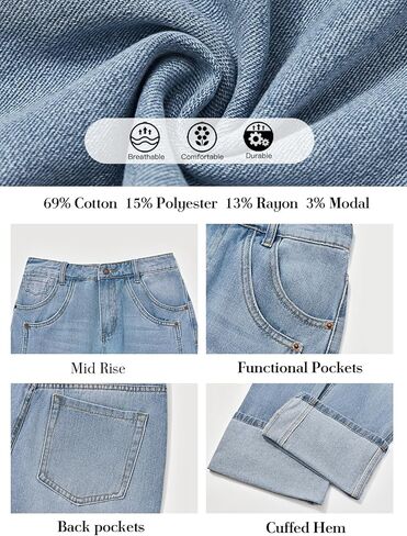 PLNOTME Womens Baggy Jeans Boyfriend Wide Leg Trendy Casual Mid Rise Cuffed Hem Denim Pants with Pockets in Saudi Arabia