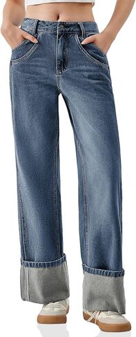PLNOTME Womens Baggy Jeans Boyfriend Wide Leg Trendy Casual Mid Rise Cuffed Hem Denim Pants with Pockets in Saudi Arabia