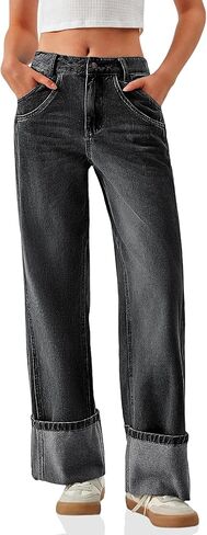 PLNOTME Womens Baggy Jeans Boyfriend Wide Leg Trendy Casual Mid Rise Cuffed Hem Denim Pants with Pockets in Saudi Arabia