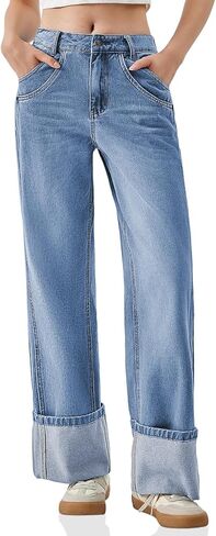 PLNOTME Womens Baggy Jeans Boyfriend Wide Leg Trendy Casual Mid Rise Cuffed Hem Denim Pants with Pockets in Saudi Arabia