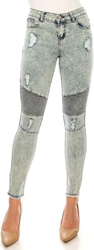 BE-GIRL Women's Distressed Moto Jeans, Acid Wash Denim, Frayed Hem, Ribbed Knee Panels in Saudi Arabia
