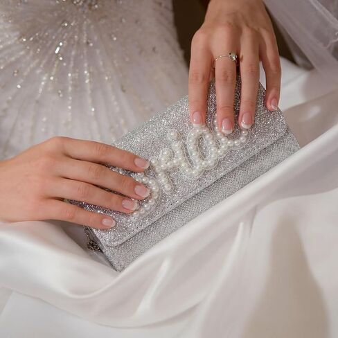 Hosuly Bride Purse Gifts Clutch for Wedding Honeymoon Gifts for Bride to Be Gift Pearl Rhinestone Letter Evening Bag Bridal Shower Gift for Bachelorette Engagement in Saudi Arabia