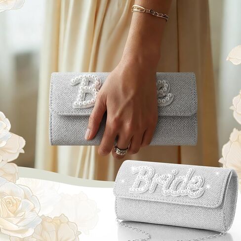 Hosuly Bride Purse Gifts Clutch for Wedding Honeymoon Gifts for Bride to Be Gift Pearl Rhinestone Letter Evening Bag Bridal Shower Gift for Bachelorette Engagement in Saudi Arabia