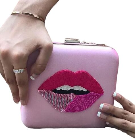 Hot Pink Lips Shaped Beaded Embroidery Clutch Evening Bags for Women Clutch Purse Evening Party Cocktail in Saudi Arabia