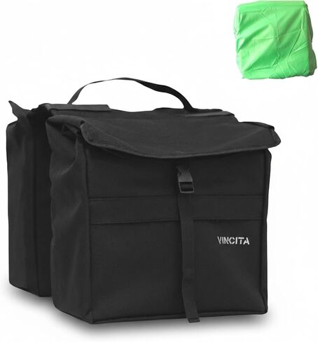 Vincita New Top Load Double Pannier Water Resistant Cycling Side Bags - 12 L with Rain Cover, Large, Carrying Handle, Reflective Spots - Bike Rack Carrier Saddle Bag - Bicycle Accessories (Black) in Kuwait