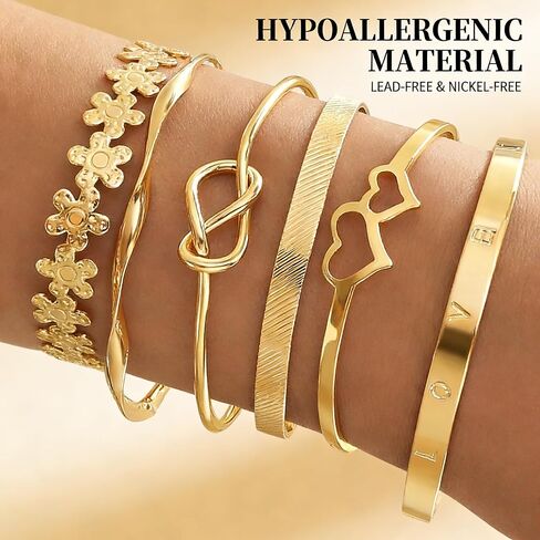 6 Pcs Gold Stackable Bracelets Set For Women Adjustable Open Cuff Bangles Flower Heart Knot Love Chain Trendy Layering Jewelry Gift (Pack of 1) in Saudi Arabia