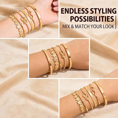 6 Pcs Gold Stackable Bracelets Set For Women Adjustable Open Cuff Bangles Flower Heart Knot Love Chain Trendy Layering Jewelry Gift (Pack of 1) in Saudi Arabia
