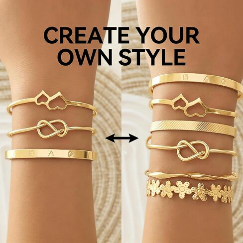6 Pcs Gold Stackable Bracelets Set For Women Adjustable Open Cuff Bangles Flower Heart Knot Love Chain Trendy Layering Jewelry Gift (Pack of 1) in Saudi Arabia