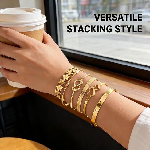 6 Pcs Gold Stackable Bracelets Set For Women Adjustable Open Cuff Bangles Flower Heart Knot Love Chain Trendy Layering Jewelry Gift (Pack of 1) in Saudi Arabia