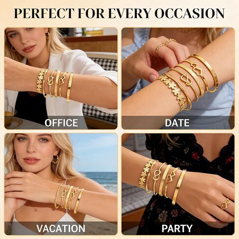 6 Pcs Gold Stackable Bracelets Set For Women Adjustable Open Cuff Bangles Flower Heart Knot Love Chain Trendy Layering Jewelry Gift (Pack of 1) in Saudi Arabia