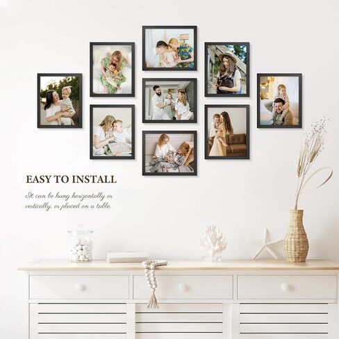 مجموعة إطارات صور مقاس 8 × 10 مكونة من 9 قطع - قلب من الخشب الصلب، إطار رفيع ولكن ليس من البلاستيك المجوف - لمسة نهائية من الخشب الأسود المقاوم للخدش والماء in Kuwait