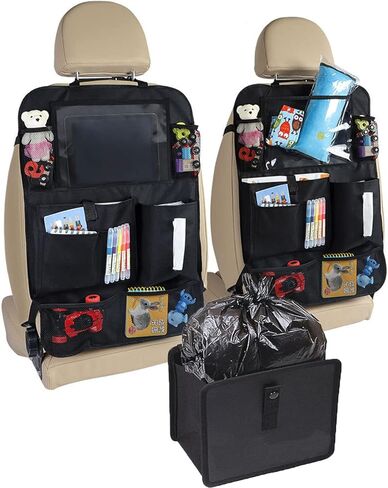 2 Pcs Large Size Car Backseat Organizer with 1 Pcs Trash Garbage Bag, Clear Screen Tablet Holder and 9 Storage Pockets,Foldable Seat Back Protectors for Toys Drinks Book ,Travel Accessories (Black) in Saudi Arabia