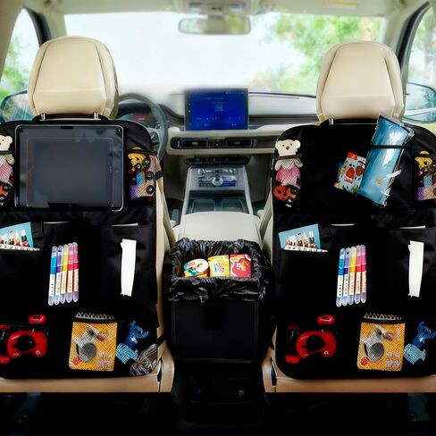 2 Pcs Large Size Car Backseat Organizer with 1 Pcs Trash Garbage Bag, Clear Screen Tablet Holder and 9 Storage Pockets,Foldable Seat Back Protectors for Toys Drinks Book ,Travel Accessories (Black) in Saudi Arabia