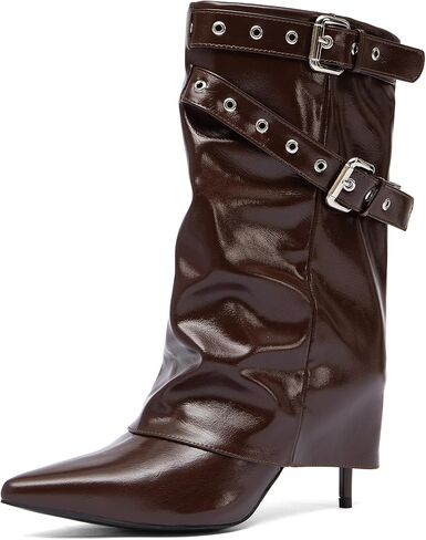 NEWBELLA Fold-Over Mid-Calf Boots for Women - Pointed Toe Stiletto Heel Boots with Buckle Detail, Versatile for Dressy & Casual Outfits in Saudi Arabia