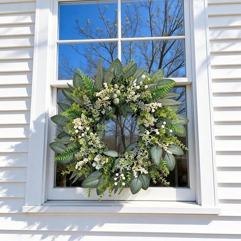 24 Inch Greenery Wreaths for Front Door – Artificial Eucalyptus Wreath with White Berries and Mixed Green Leaves, Year-Round Farmhouse Indoor Outdoor Door Wreath for Spring Summer Home Decor in Saudi Arabia