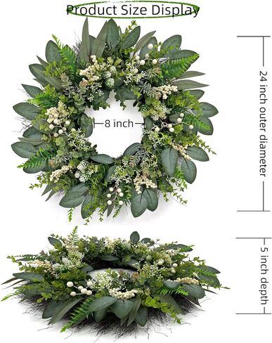 24 Inch Greenery Wreaths for Front Door – Artificial Eucalyptus Wreath with White Berries and Mixed Green Leaves, Year-Round Farmhouse Indoor Outdoor Door Wreath for Spring Summer Home Decor in Saudi Arabia