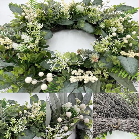 24 Inch Greenery Wreaths for Front Door – Artificial Eucalyptus Wreath with White Berries and Mixed Green Leaves, Year-Round Farmhouse Indoor Outdoor Door Wreath for Spring Summer Home Decor in Saudi Arabia