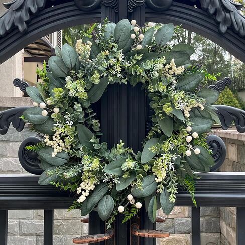 24 Inch Greenery Wreaths for Front Door – Artificial Eucalyptus Wreath with White Berries and Mixed Green Leaves, Year-Round Farmhouse Indoor Outdoor Door Wreath for Spring Summer Home Decor in Saudi Arabia