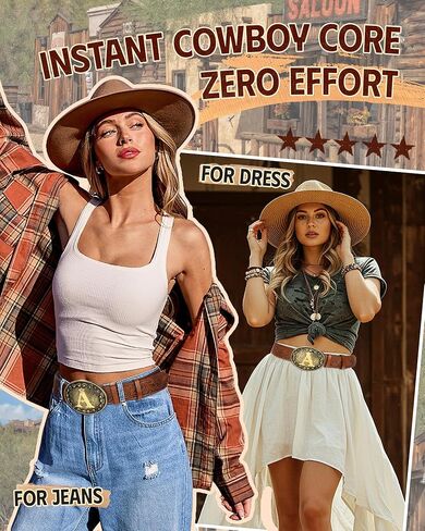 AWAYTR Western Belt for Women Cowgirl - Vintage PU Leather Cowboy Belts for Men with Letter Buckle in Saudi Arabia