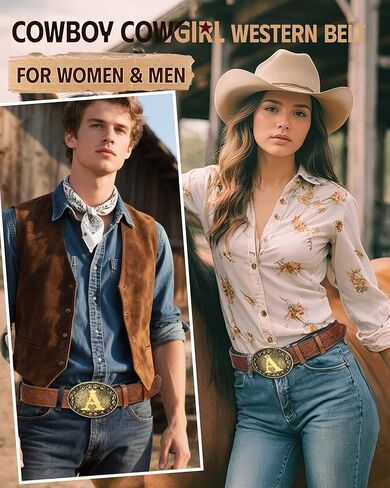 AWAYTR Western Belt for Women Cowgirl - Vintage PU Leather Cowboy Belts for Men with Letter Buckle in Saudi Arabia