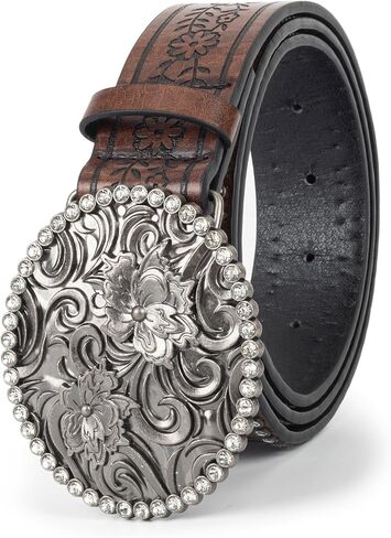 Womens-Western-Belts Rhinestone-Cowboy-Cowgirl-Belt Embossed Floral Pu Leather Bling-Diamond Country Belts(for 33"-38") in Saudi Arabia