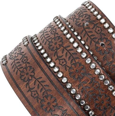 Womens-Western-Belts Rhinestone-Cowboy-Cowgirl-Belt Embossed Floral Pu Leather Bling-Diamond Country Belts(for 33"-38") in Saudi Arabia